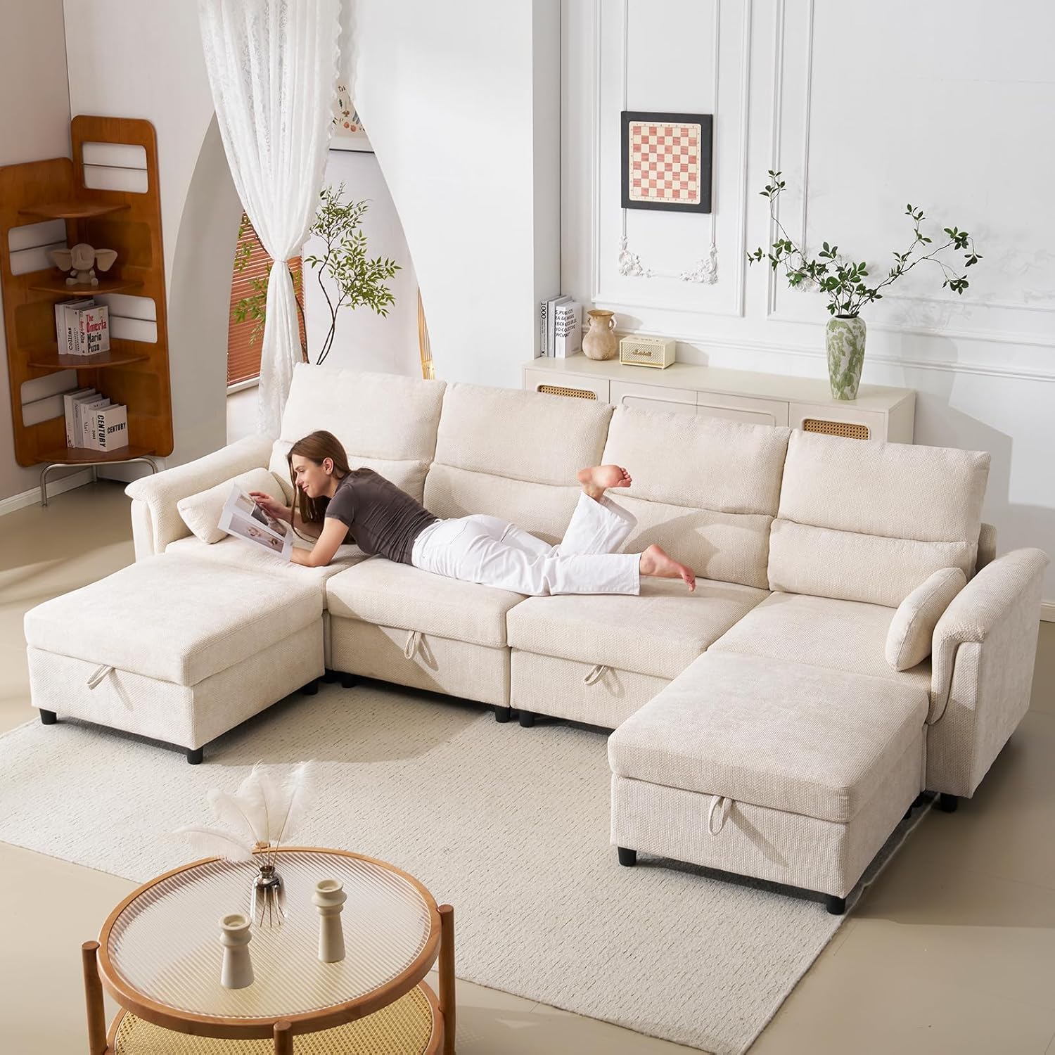 132'' Oversized Modular Sectional Sofa, U Shaped Comfy Sectional Couch with Large Storage, 6 Seat Chenille Deep Seat Cloud Sofa with 2 Throw Pillows for Living Room,Beige