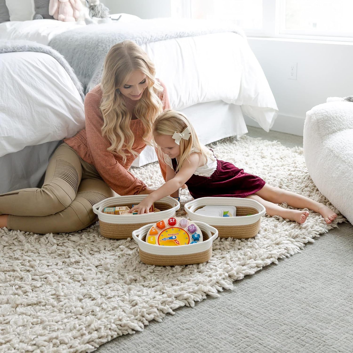 Lot de 5 Panier Rangement en Corde de Coton, Paniers et Boîtes de Rangement avec Anse, Corbeille décorative tressée pour placard, salle de bain ou chambre de bébé