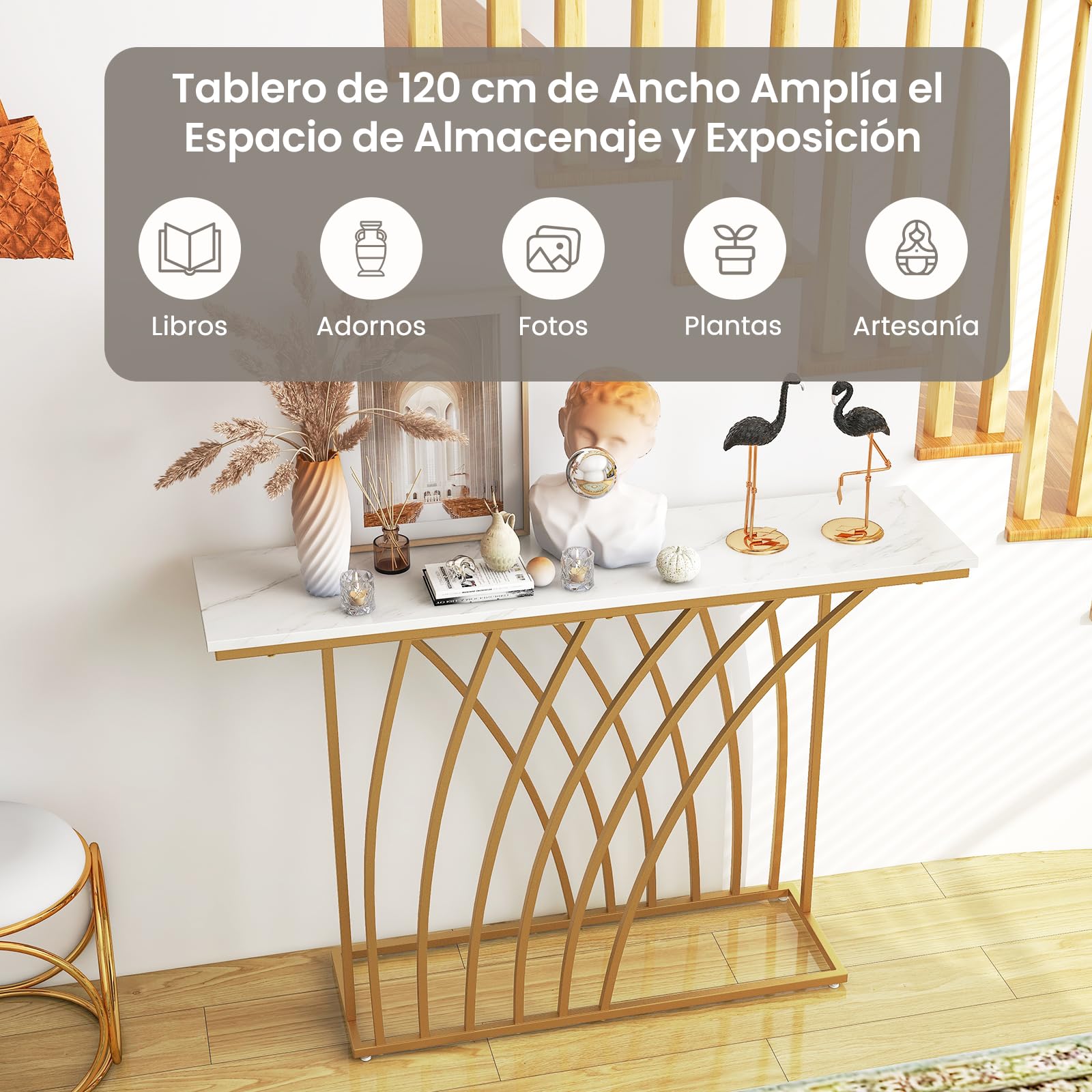COSTWAY Mesa de Consola, Mesa de Entrada Dorada con Tapa de Mármol Blanco, Base de Diseño Geométrico, Mueble Recibidor para Sofá, Sala de Estar, Pasillo, Capacidad Máx de 20 kg, 30 x 120 x 80 cm