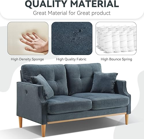Miniatura 6 de Sofá biplaza de 56.7 pulgadas con 2 almohadas de lanzamiento, sofá de 2 asientos con puerto USB y tela impermeable, sofá azul oscuro con cojín