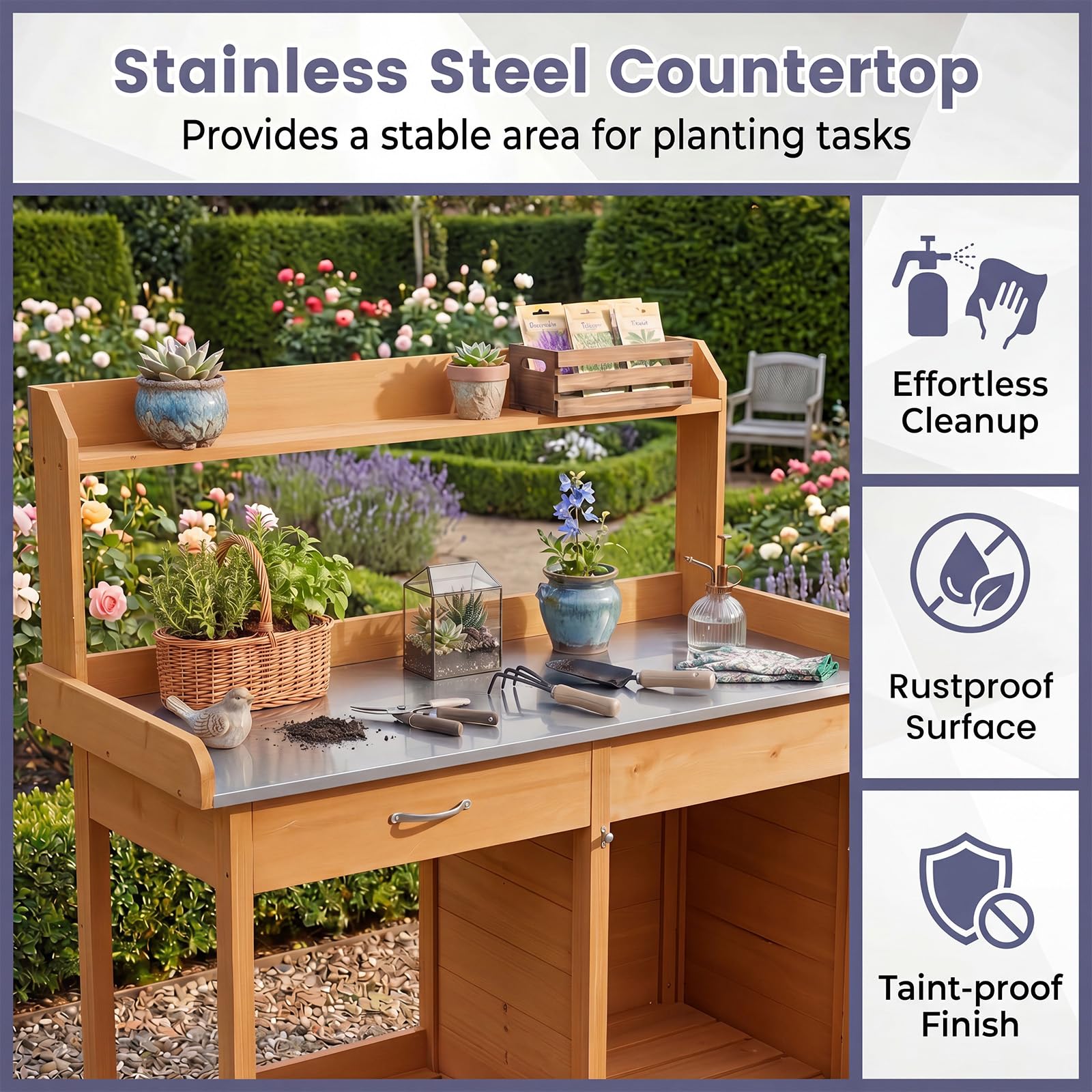 RELAX4LIFE Table de Rempotage en Bois 125CM, Table de Jardinage (Naturel) | avec Plateau Ouvrable en Métal, Étagères Tirroir Armoire Ouverte 3 Crochets, Plan de Travail pour Terrasse Jardin Porche