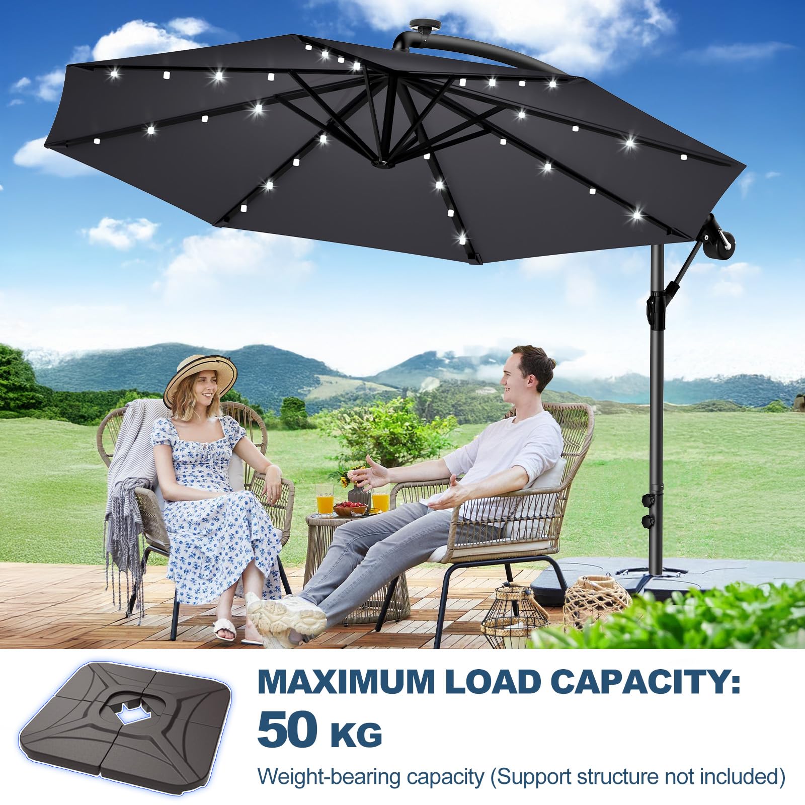 Ampelschirm 300-350cm – 360° drehbarer Kurbelschirm mit UV40+ & wasserabweisend, wahlweise mit oder ohne Solar-LED, inklusive Kreuzbasis für Garten & Terrasse