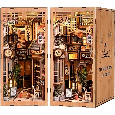 DIY Book Nook Kit, 3D Wooden Puzzle Bookend with LED Light, Japanese Street Alley Miniature House Model, Creative Shelf Insert Decor & Arts Crafts Gift for Adults Teens (The Alley Waiting for the Cat)