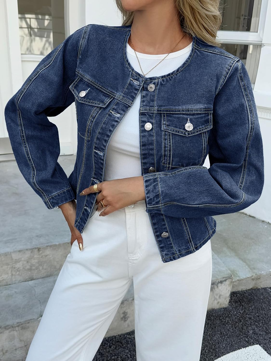 Tankaneo Womens Cropped Jean Jacket Trendy Crewneck Button Down Short Denim Jacket Y2k Slim Fit Casual Shacket - Image 3