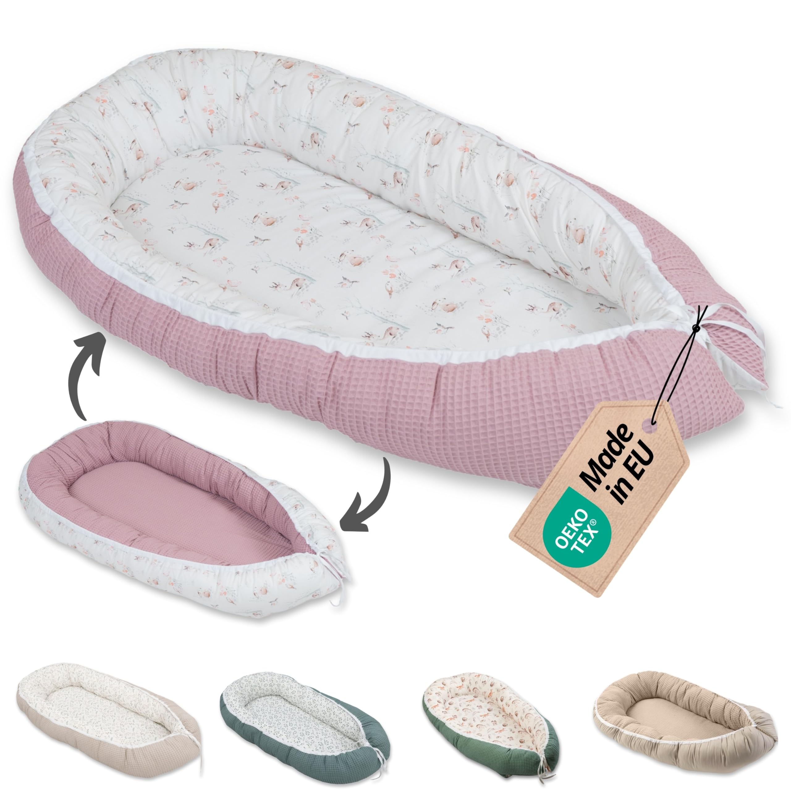 ULLENBOOM Babynest – Oeko-TEX Materialien, Made in EU – Babynestchen Neugeborene, Kuschelnest Baby, tragbares Reisebett, gepolstert & waschbar (55x95 cm)