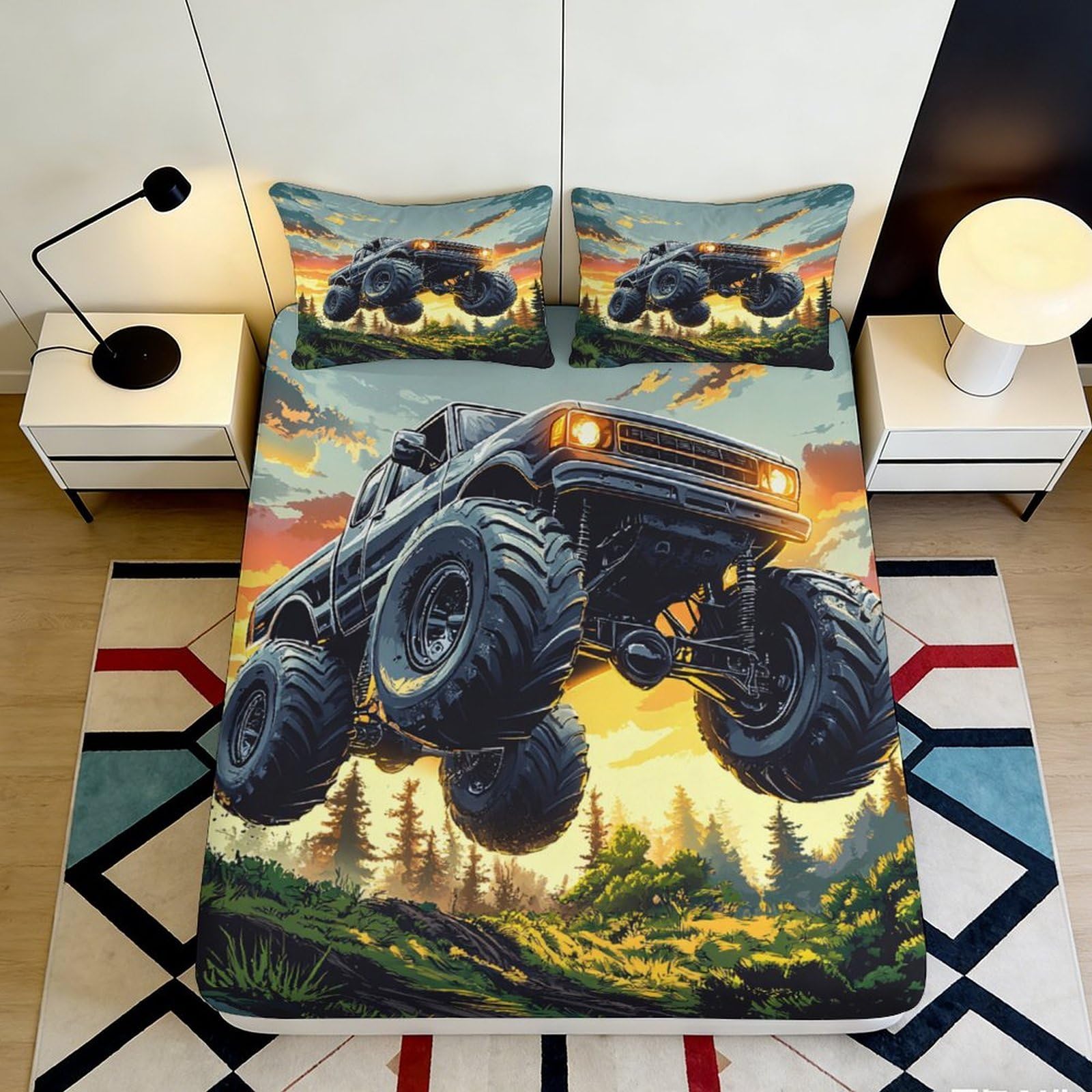 Jqzkxnhpbr Style-4 3D Printed Monster Truck Fitted Sheet Microfiber Soft Breathable Sunset Landscape Bed Cover For Bedroom Dorm Decor 90X200x25cm