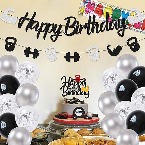 Miniatura 5 de Decoraciones de cumpleaños para gimnasio, levantamiento de pesas, pancarta de feliz cumpleaños, decoración de tarta, globos de látex negros y grises