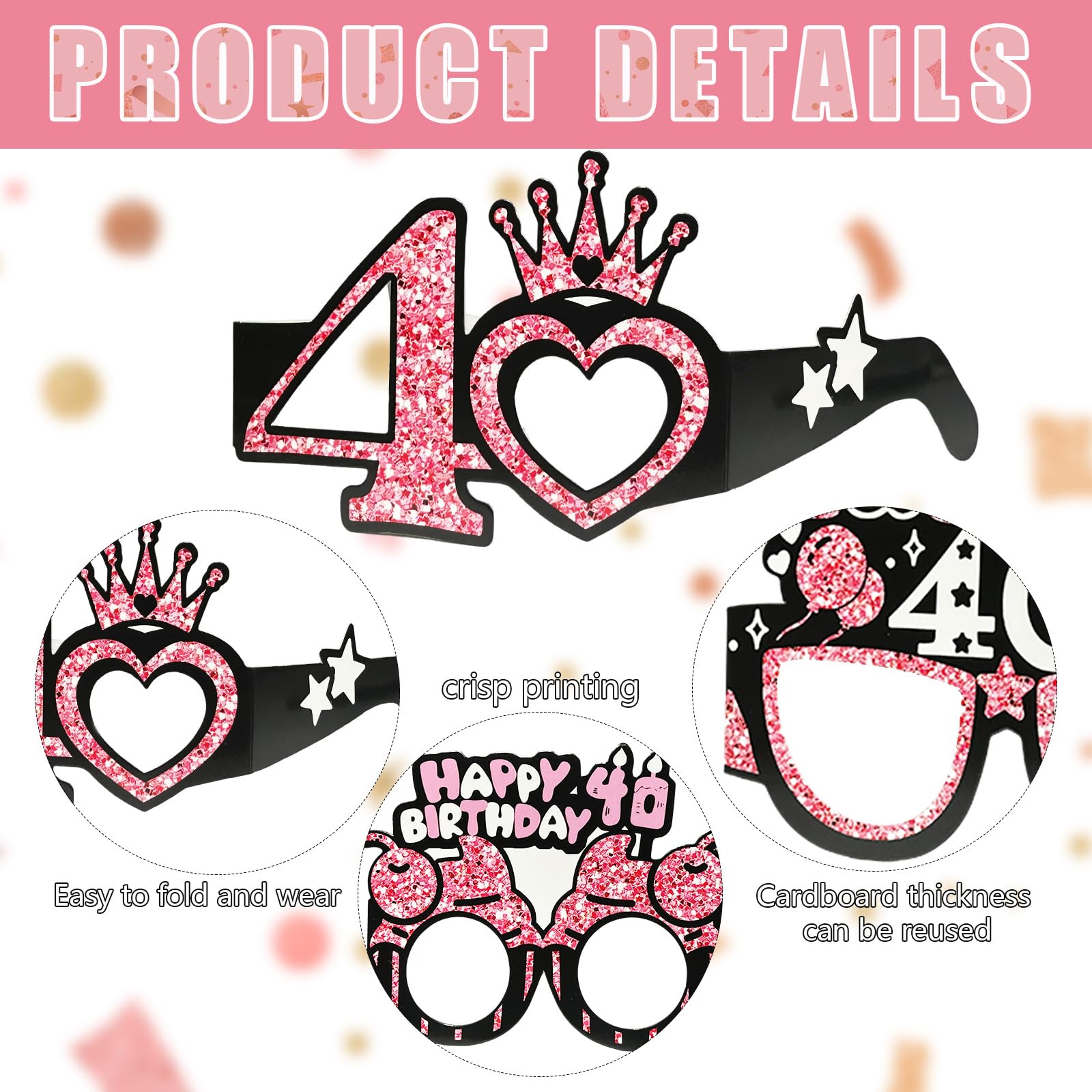 Lunettes En Papier Doré Et Rose Pour 40 Ans - Lot De 8 - Accessoire Déco Fête Anniversaire, Photo Booth