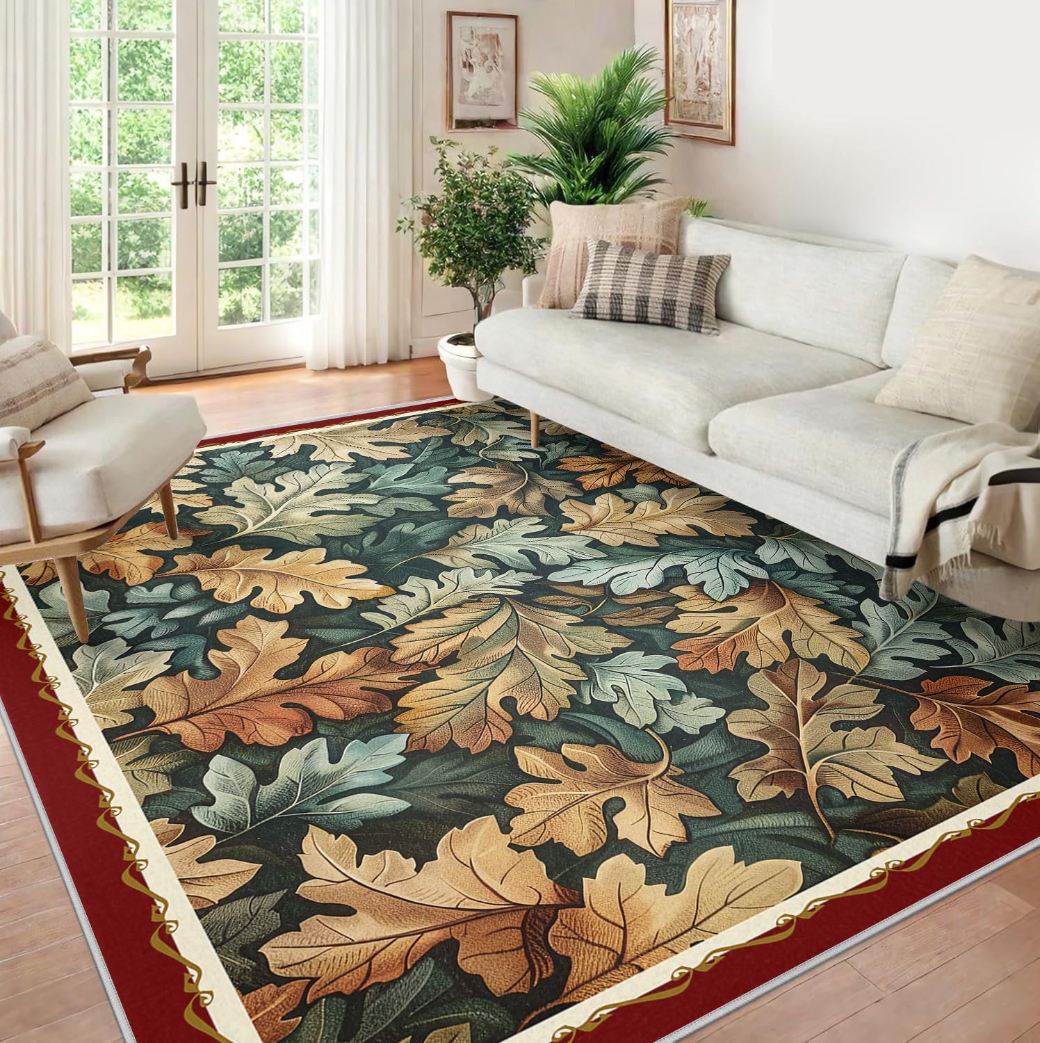 Tappeti rustici lavabili 60x100cm Boho Farmhouse Tappeto a foglia di quercia per soggiorno camera da letto Nursery Foglie autunnali a pelo basso Tappeto a pelo basso Zerbino con bordo rosso
