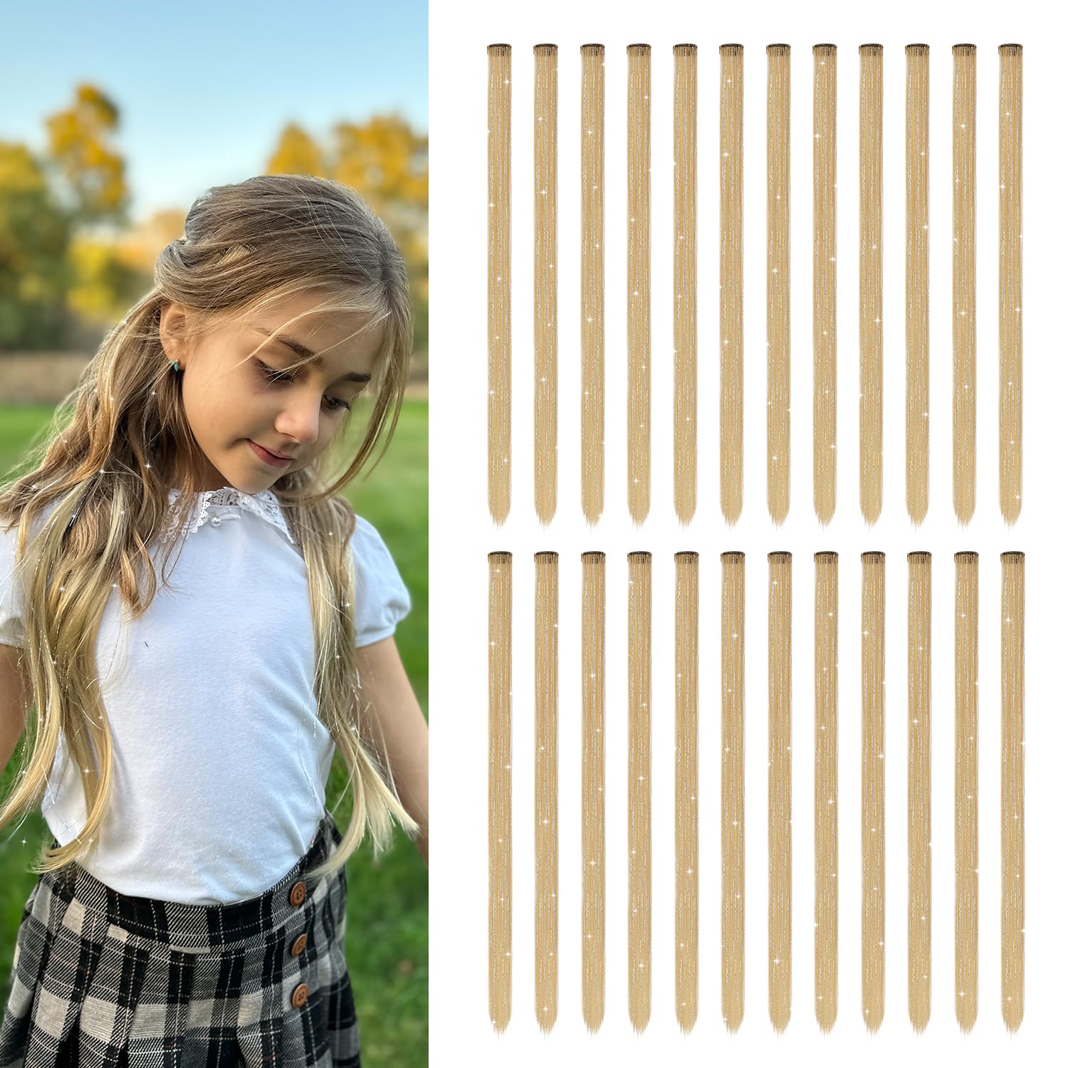 Dreamlover 2-in-1 Clip in Tinsel Hair Extensions for Women, Clip and Go Hair Extensions with Glitter Fairy Tinsels, Sparkly Hair Accessories for Girls, Honey Blonde, 24 Pieces