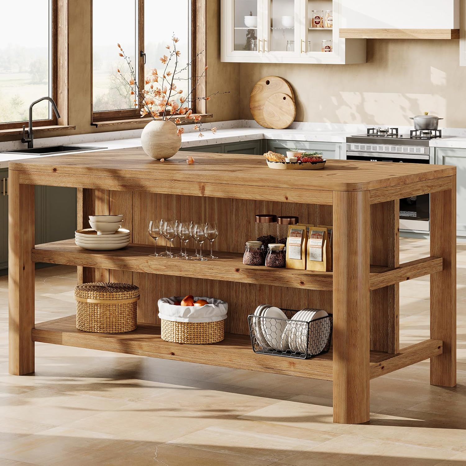63-Inch Solid Wood Kitchen Island with Storage Shelves, Farmhouse Island Table with Seating, Counter Height Bar Table for Dining Room, Kitchen, Easy to Assemble