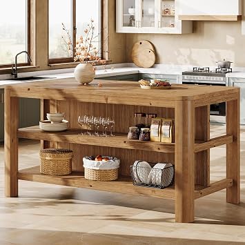 63-Inch Solid Wood Kitchen Island with Storage Shelves, Farmhouse Island Table with Seating, Counter Height Bar Table for Dining Room, Kitchen, Easy to Assemble, Natural Wood