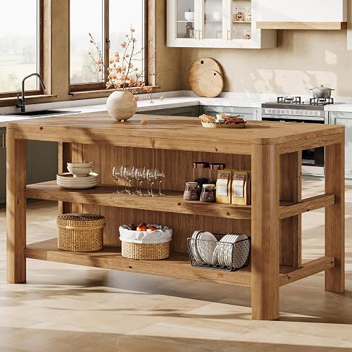 63" Solid Wood Kitchen Island with Storage Shelves, Easy Assembly