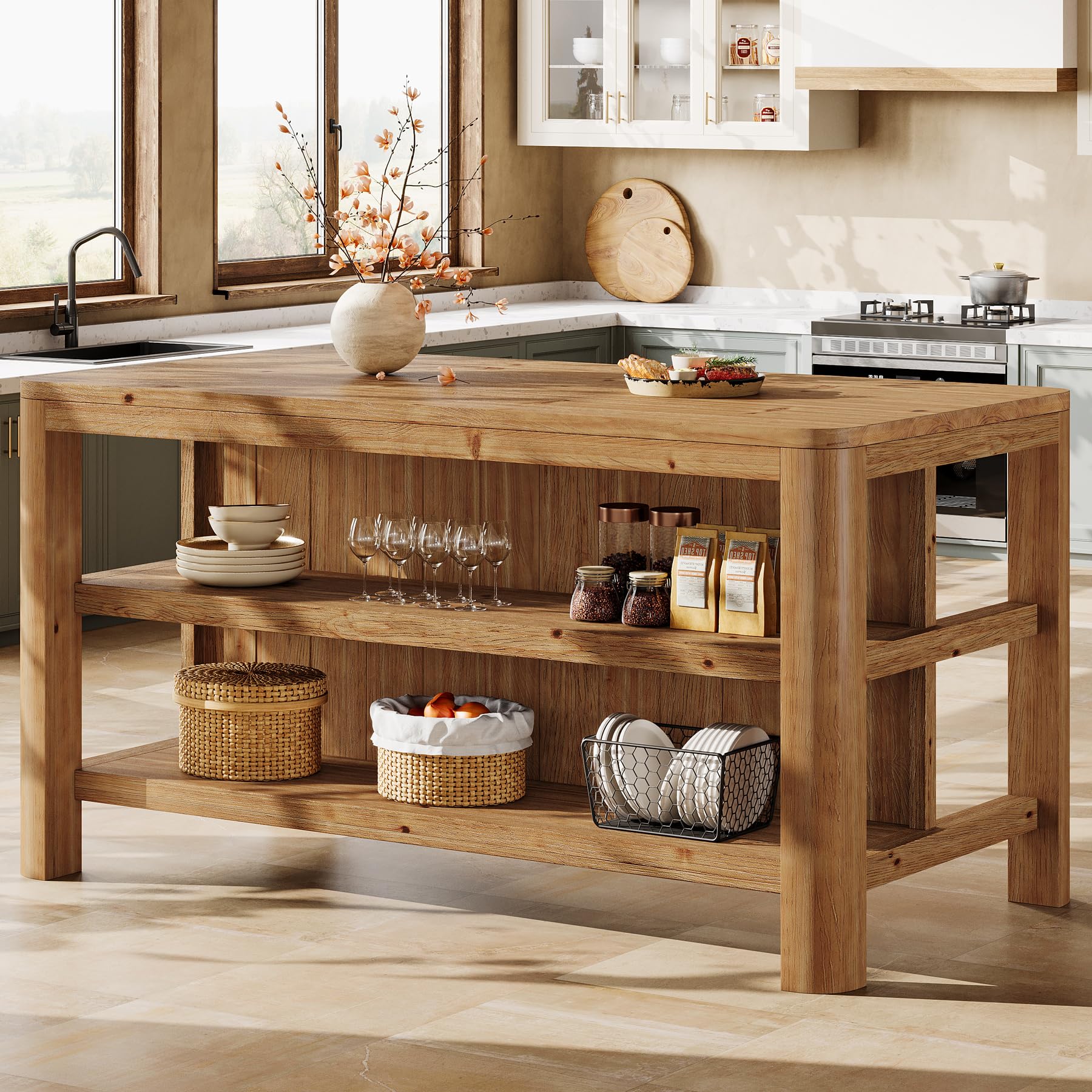 63" Solid Wood Kitchen Island with Storage Shelves, Natural Wood