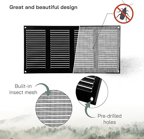 Miniatura 3 de Vent Systems Cubierta de ventilación de aire negra de 16 x 8 pulgadas, parrilla de retorno de aire de metal con pantalla de protección contra plagas