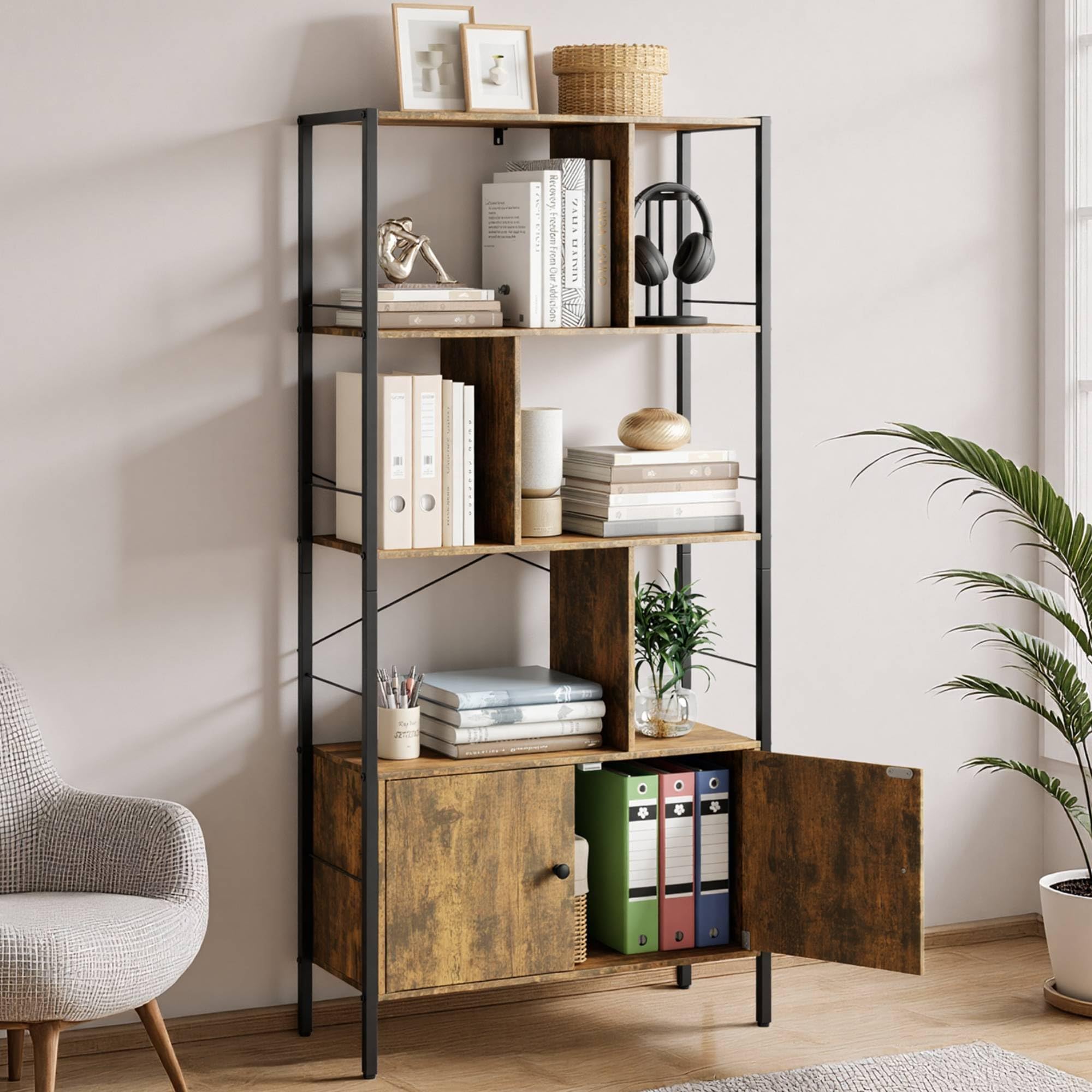 Book Shelf, Book Cabinet with 4 Open Shelves, Industrial Design Book Shelf with Cabinet, for Office, Living Room, Bedroom, Kitchen, 74 x 30 x 153 cm, Retro