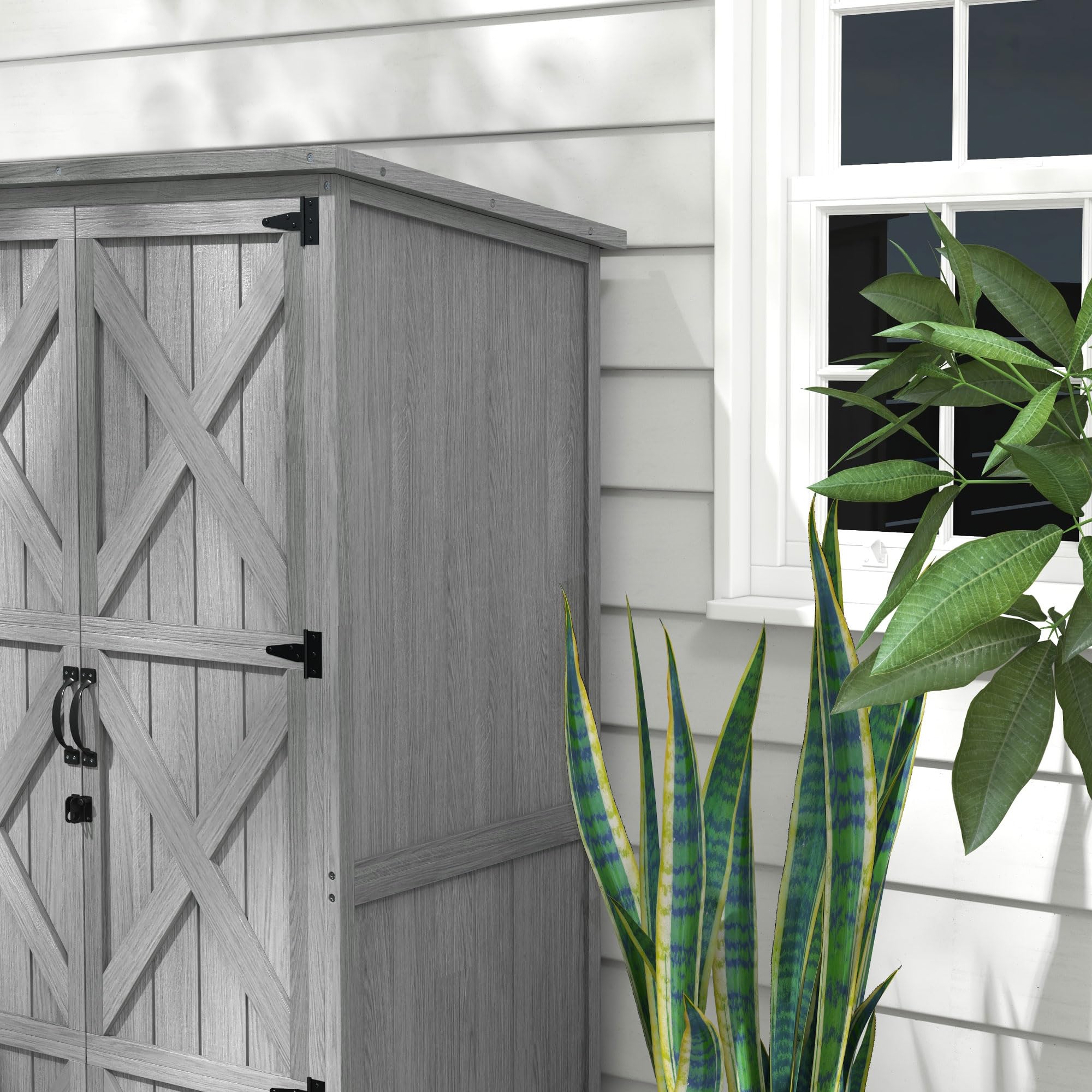 Outsunny Armoire de Jardin 90x54,5x161/168,5 cm Gris Bois Massif Toit incliné bitumé 2 étagères