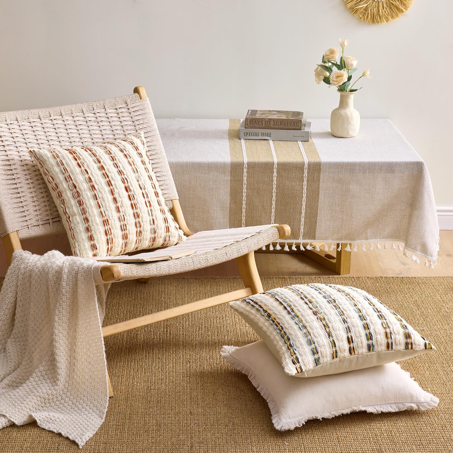 ANRODUO Boho Chenille Pillow Covers with Textured Tufted Stripes 18x18 Inch Set of 2 Woven Decorative Cushion Case Farmhouse Accent Neutral Pillowcase for Couch Sofa Bed Living Room Decor,Orange White