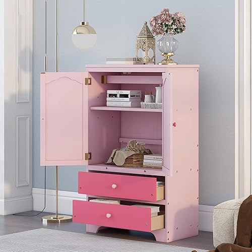 Miniatura 6 de Armario de madera con 2 cajones de almacenamiento armario de dormitorio con 2 puertas armario con estante ajustable y barra colgante estante de