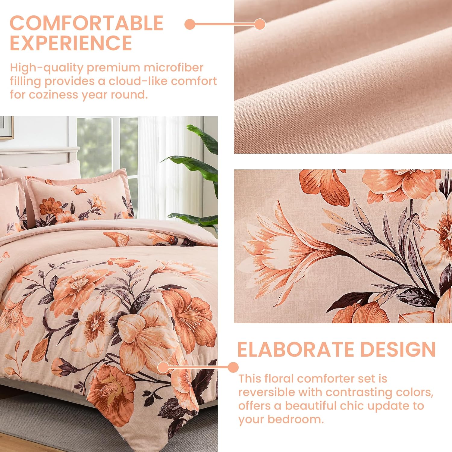 Floral Comforter Set Queen Size,7 Piece Orange Bed in a Bag, Elegant Flower Pattern Comforter Set with Sheet, Soft Microfiber Complete Bedding Sets for All Season - Image 6