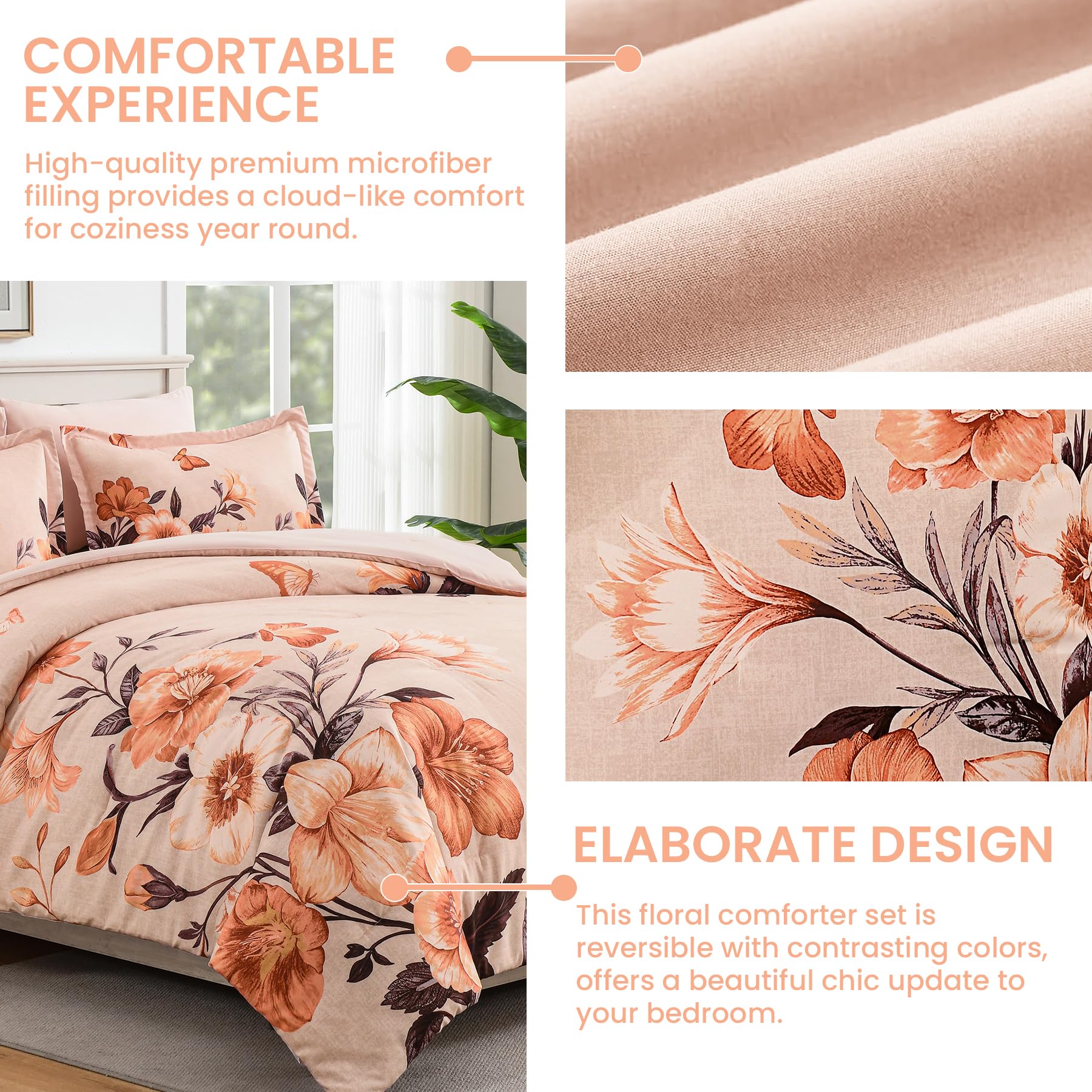 Juego de edredón floral tamaño King, 7 piezas de cama naranja en una bolsa, elegante juego de edredón con patrón de flores con sábana, juegos completos de microfibra suave para todas las 6