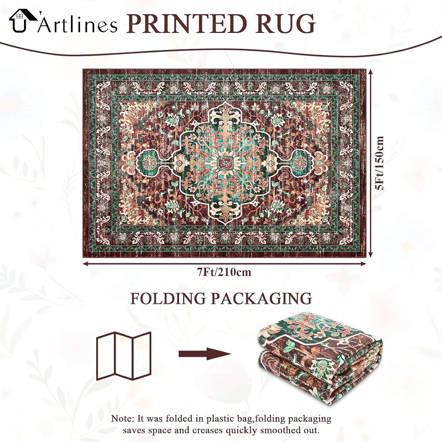 U'Artlines Christmas Boho Vintage Area Rug 5x7 Machine Washable Low Pile Ultra-Thin Soft Floor Carpet Non Slip Non Shedding Accent Rug for Living Room Bedroom Entryway Dining Room Office(Rust＆Teal) - Image 2