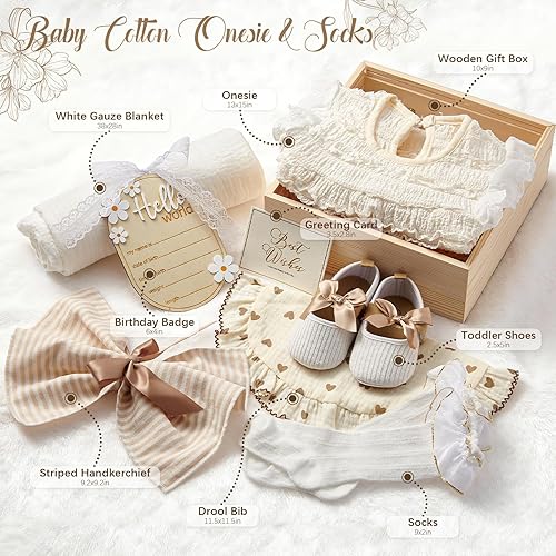 Miniatura 2 de Golray Cesta de regalo de madera para bebés, niñas recién nacidas, juego de tela con mamelucozapatos suavescalcetinesmantababerodiademahito