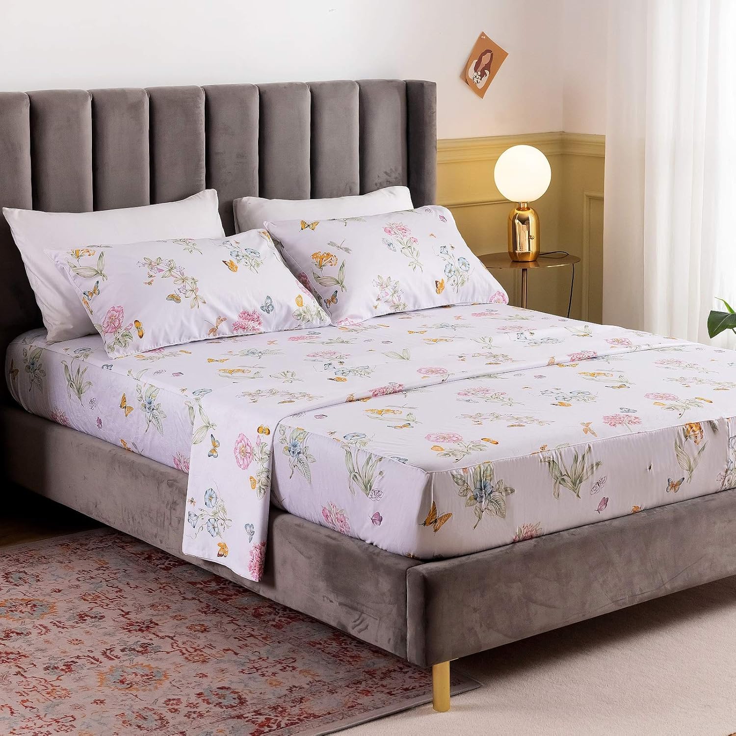 Up To 60% OFF Floral Butterfly Sheets Sets Egyptian Cotton Printed Deep Pocket Bed Sheet Set —Queen Size ,Sheet I