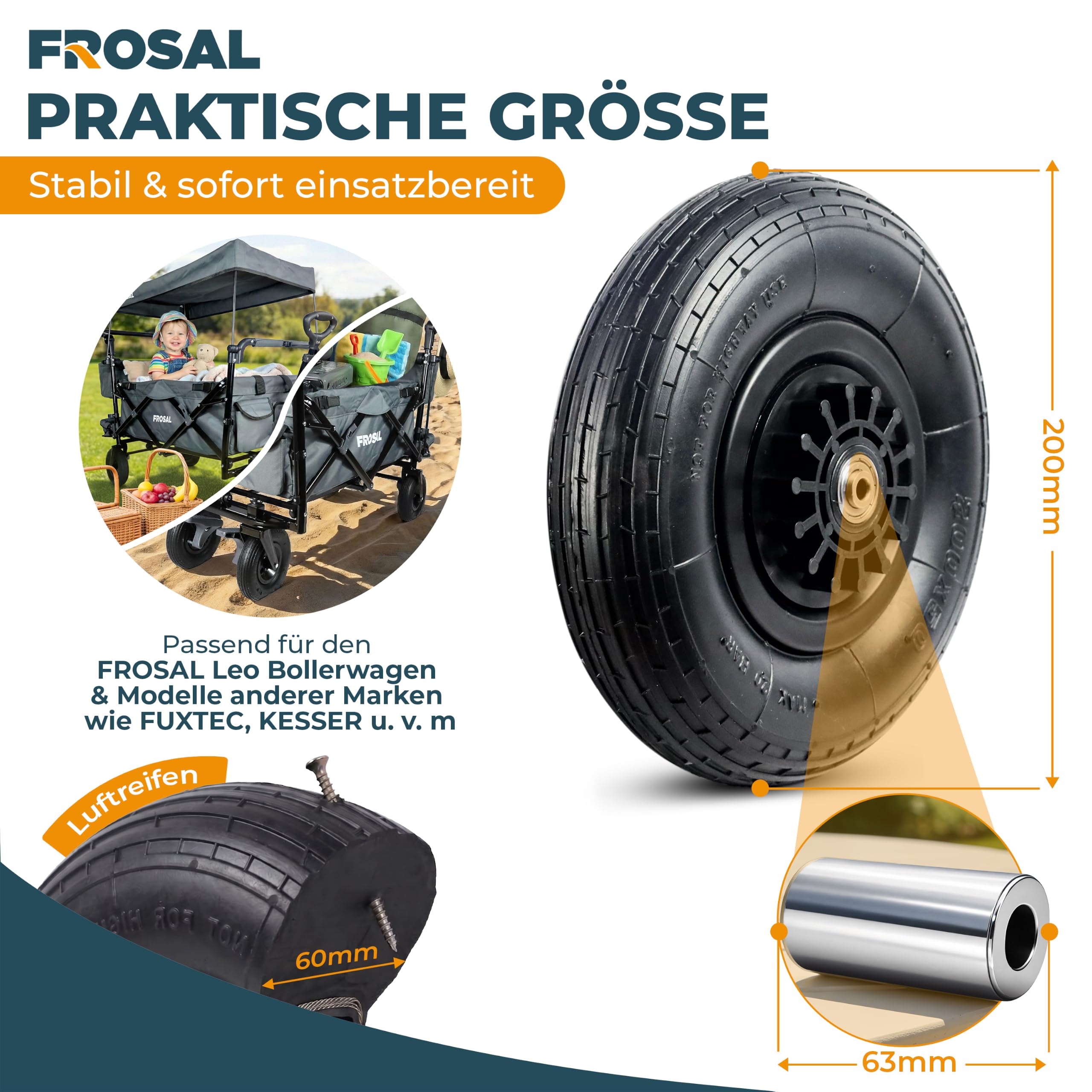 FROSAL Lot de 4 pneus pneumatiques de rechange pour chariot pliable Leo Loki Convient pour Fuxtec Kesser etc.
