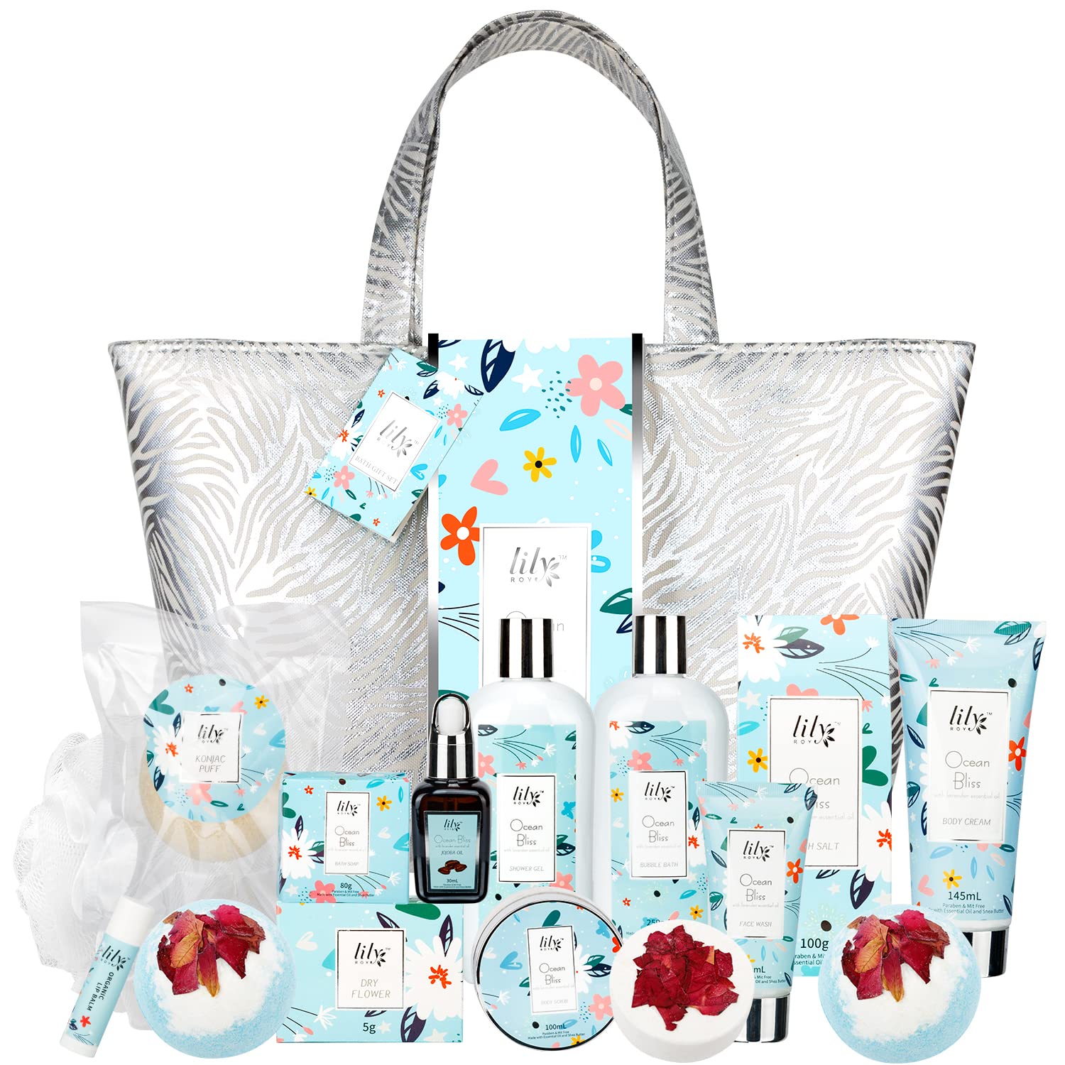 Spa Gifts for Women, Ocean Bliss Gift Basket for Women, Birthday Gifts for Women 14Pcs with Shower Gel, Shower Steamer, Bath Bomb, Rose Petal, Bubble Bath, Silver Luxury Bag, Gifts for Her… : Everything Else