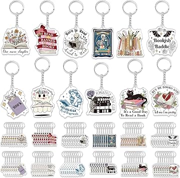 Equsion 24 Pcs Book Lover Keychains, Book Club Gifts Cute Funny Bookish Acrylic Party Favors for Readers Librarian Teacher Birthday Retro
