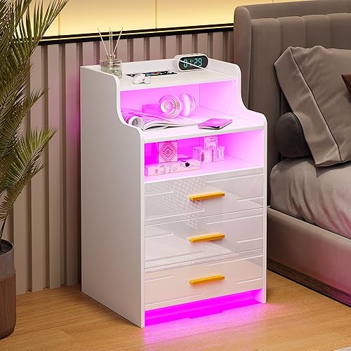 Miniatura 8 de HNEBC Mesita de noche LED con estación de carga, mesita de noche blanca con 3 cajones, mesita de noche inteligente con puertos de carga