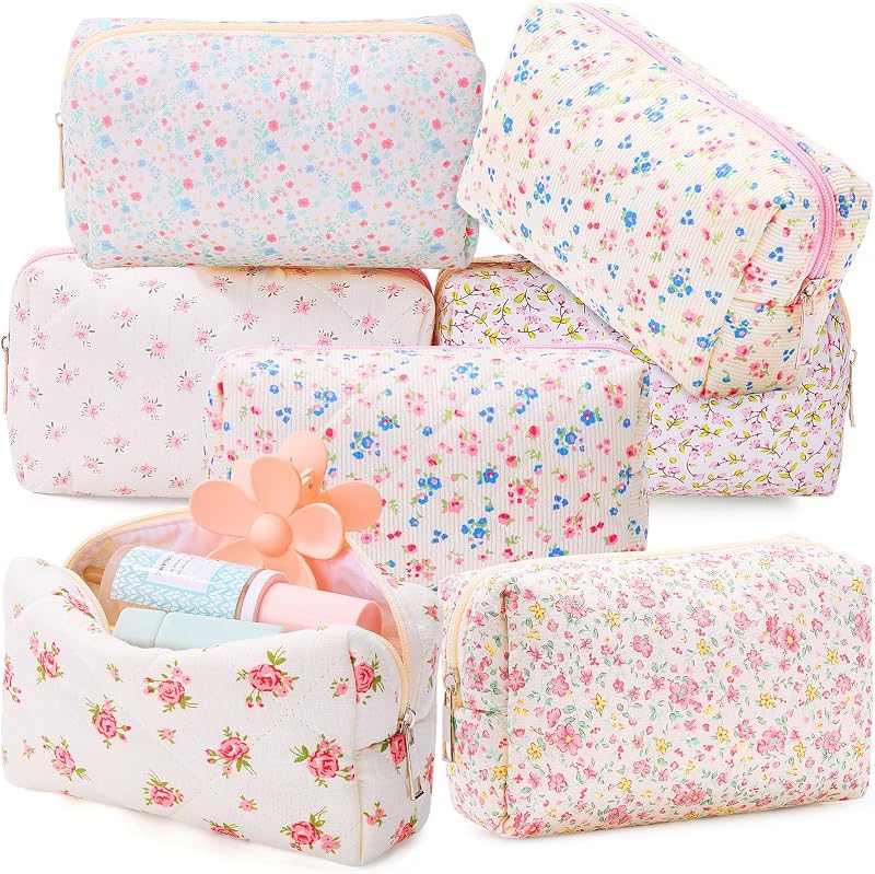 Paterr Kit com 6 Necessaires de Maquiagem em Algodão Matelassado Cottage Floral Soft Pink