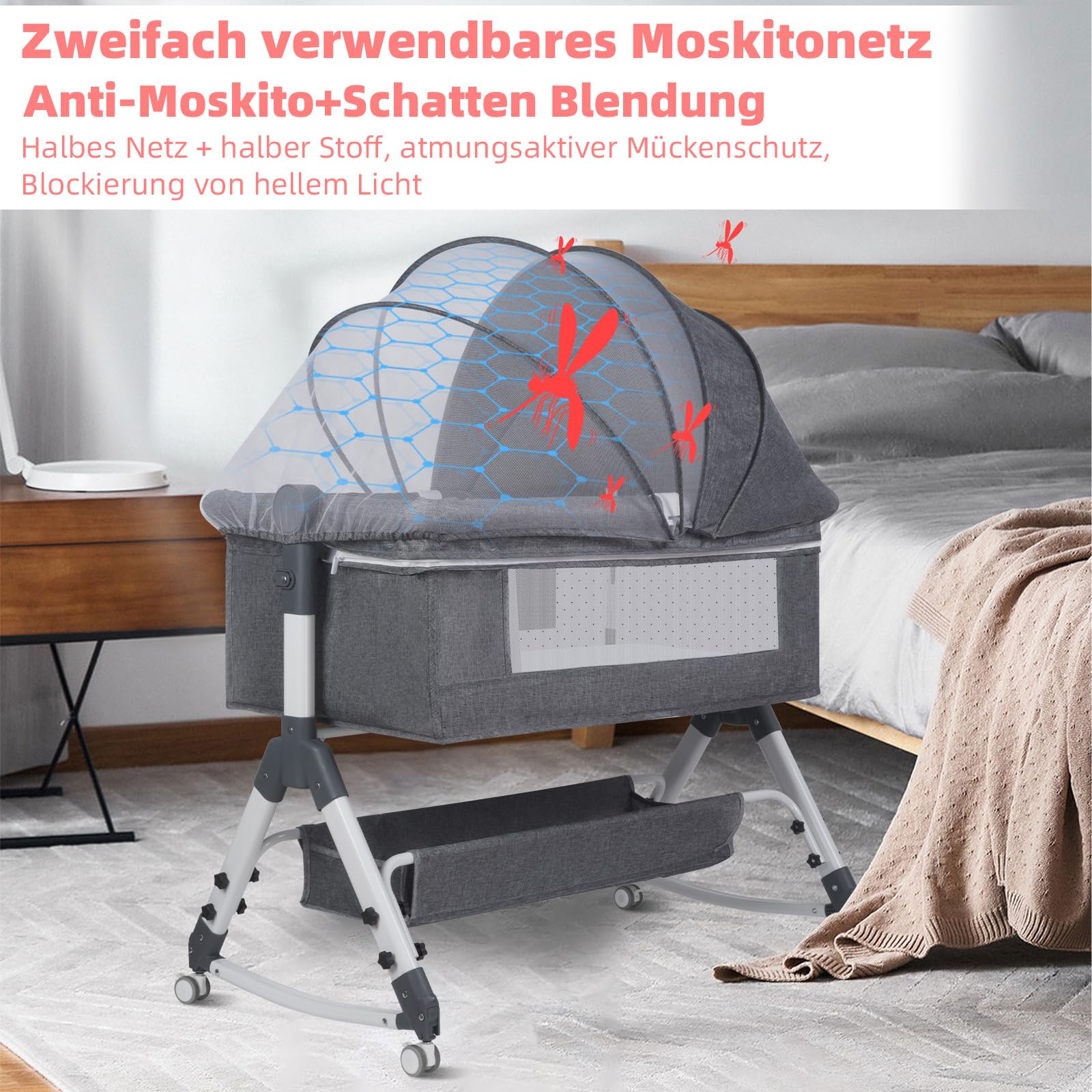 Lit Bébé Cododo Berceau avec Matelas, Mode Bascule pour Bercer, Côté Repliable, Hauteur Réglable, Fenêtres en Filet, 4 Roues, 0-24 Mois (Gris Clair)