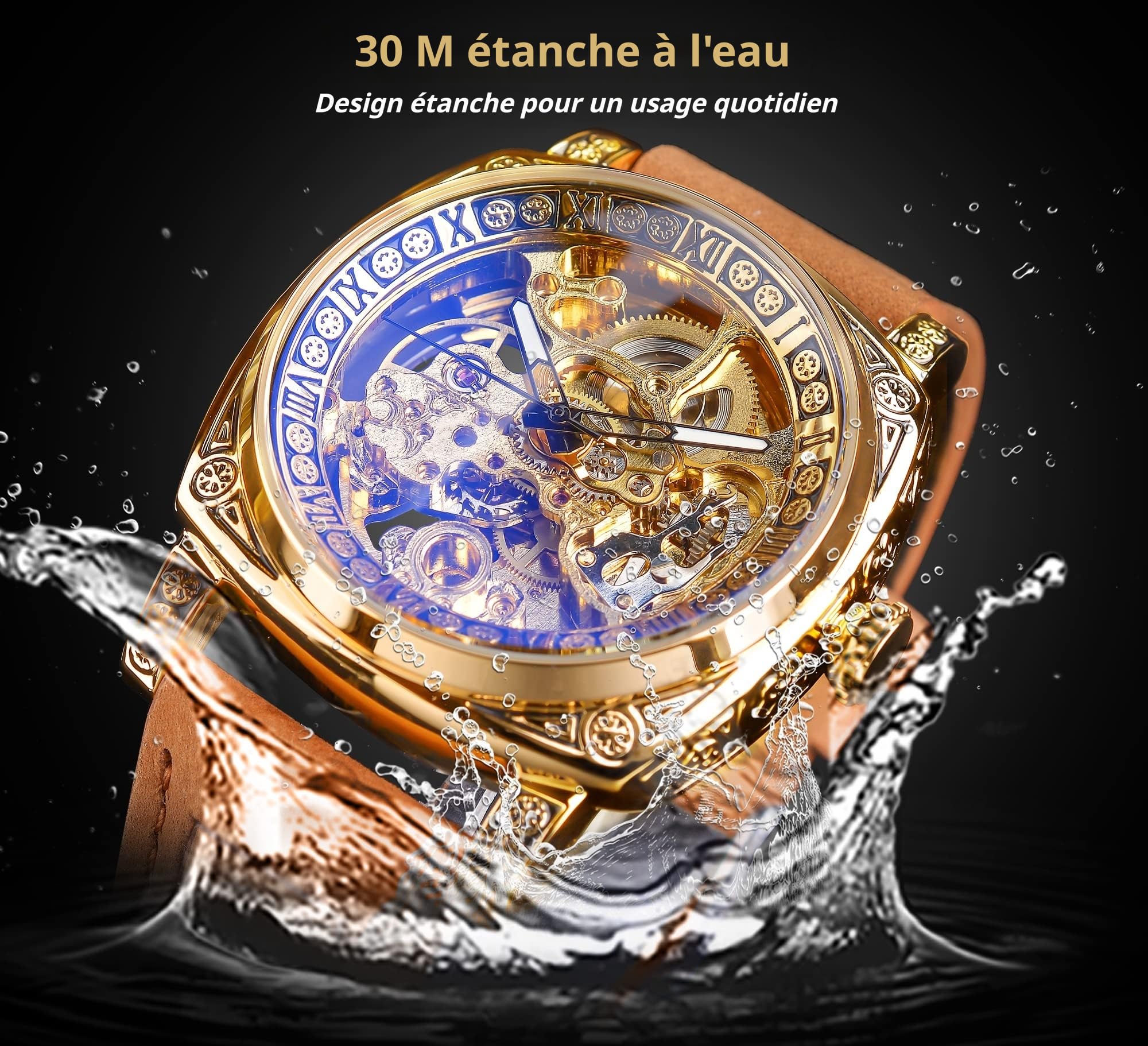 FORSINING Montre Homme Mécanique Automatique Carrée Squelette Dorée, Bracelet en Cuir Vintage Style Rétro, Étanche, Montre Bracelet Classique pour Homme