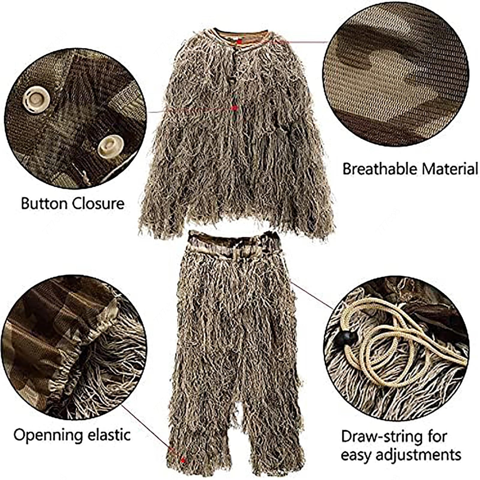 5-Teilige 3D Ghillie Suit Camouflage Jagdbekleidung Tarnanzug Herren Einschließlich Jacke,Hose,Kapuze,Tragetasche Jagdbekleidung Herren für Unisex Erwachsene/Jugendliche,DryGrass-Kids