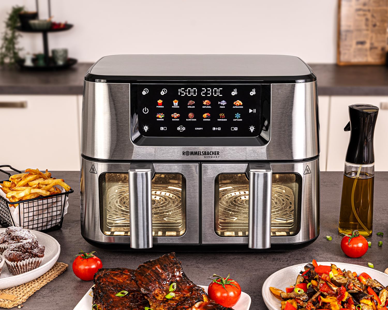 ROMMELSBACHER FRH 2650 Freidora de aire caliente doble, 2 cestas de 5,5 litros, 40 a 230 °C, 12 programas, ventana de visualización, iluminación interior, sin PFAS, función de emparejamiento y