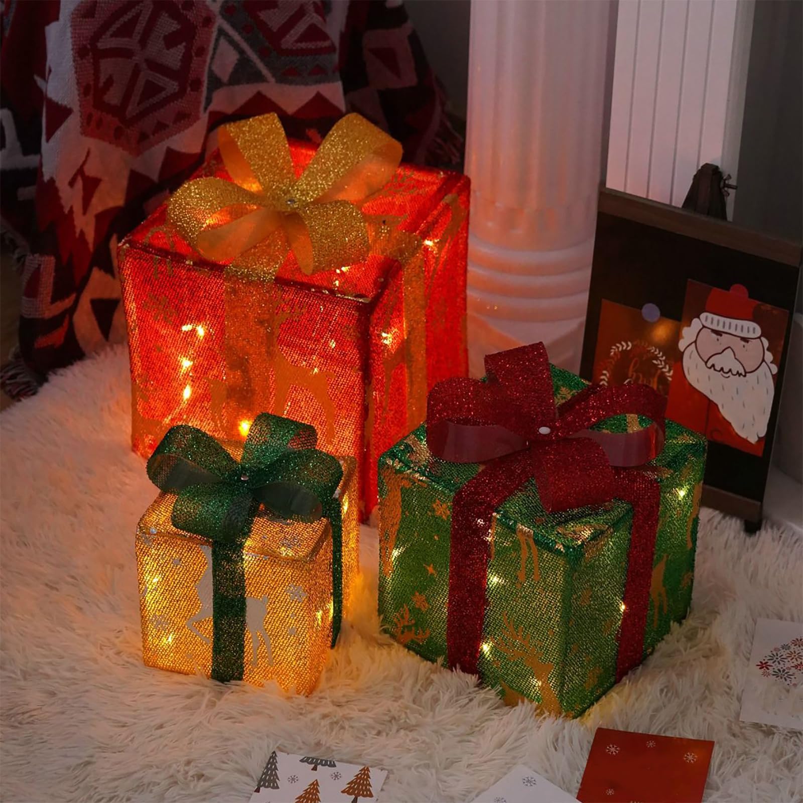 Lot de 3 coffrets cadeaux lumineux de Noël pour un effet magique sous le sapin