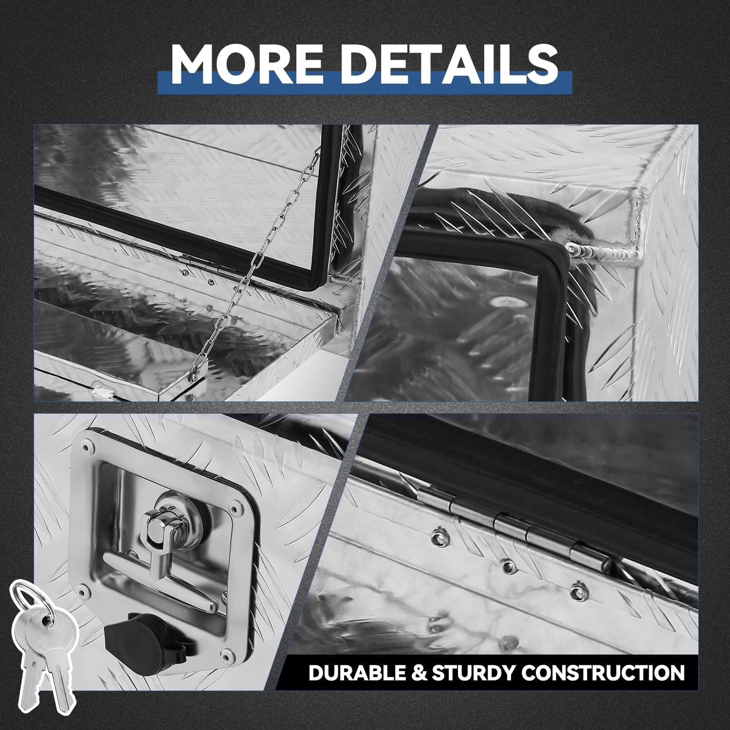 Auto Dynasty 47 Inch Truck Tool Box, Heavy Duty Aluminum Truck Bed Storage Box Organizer with T-Handle Lock and Keys for Pick Up Truck Bed RV Trailer, 47 (H) x 18 (W) x 18 (D) inch, Silver