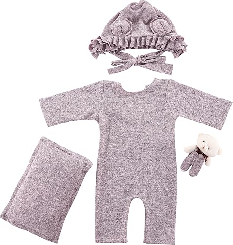 Miniatura 5 de Holibeat Accesorios de fotografía de oso para bebé niña recién nacida, sesión de fotos morada, 4 piezas, trajes personalizados (sombrero, oso de