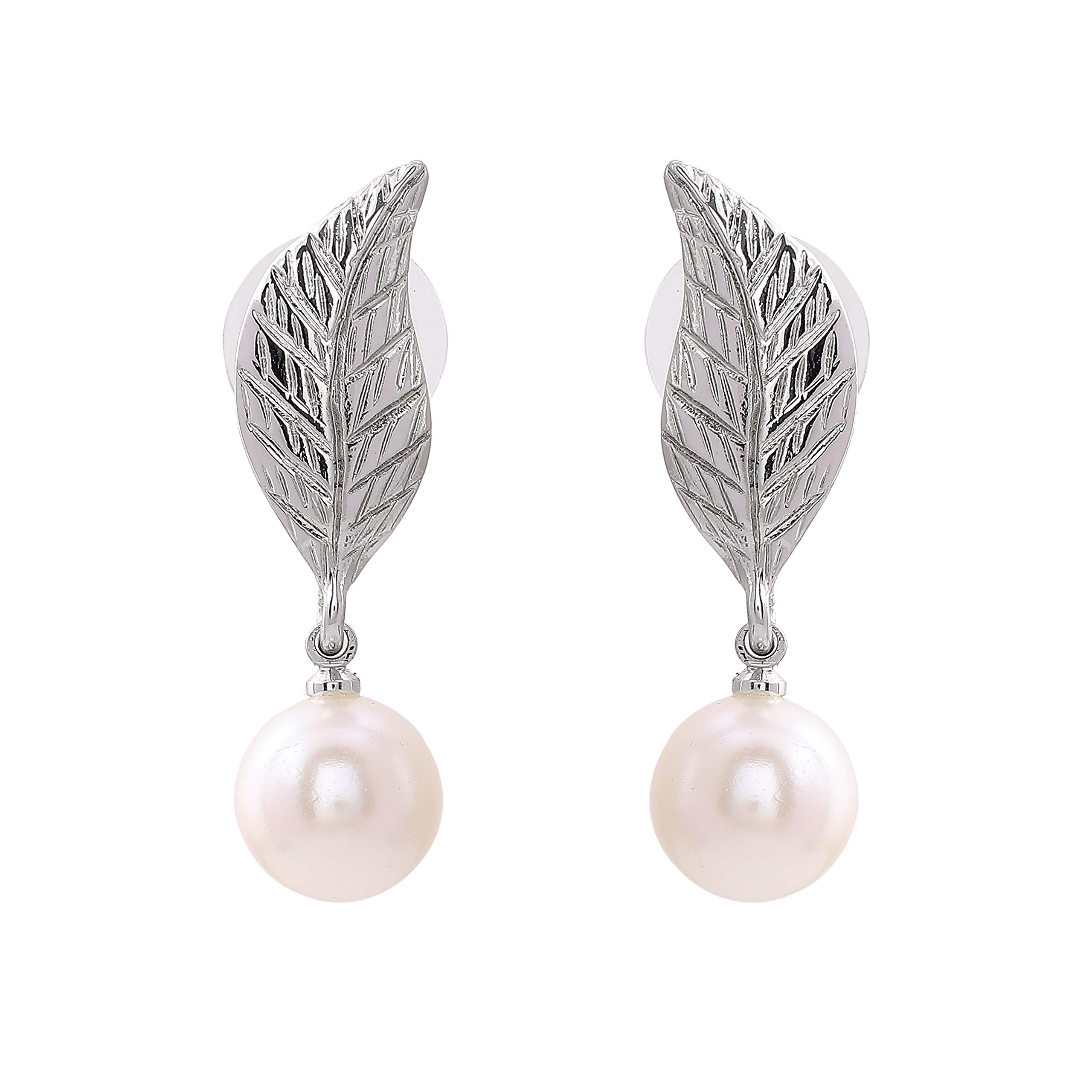 Rhodium Leaf Pearl Drop Earrings