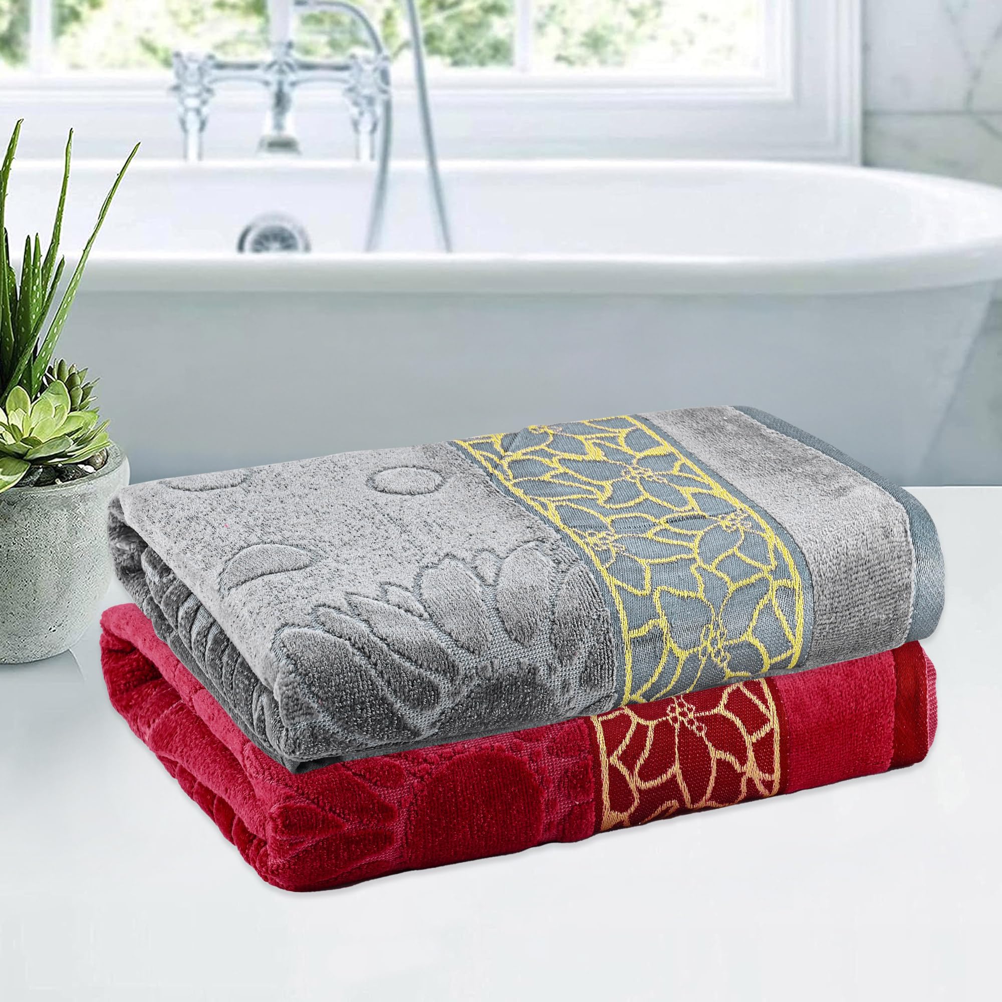 Urbane Home Pack of 2 Soft Cotton Bathing Towel for Men/Women | 450 GSM Fade/Wrinkle Resistant Towels | 30x60 Inches - Velvet Maroon & Grey