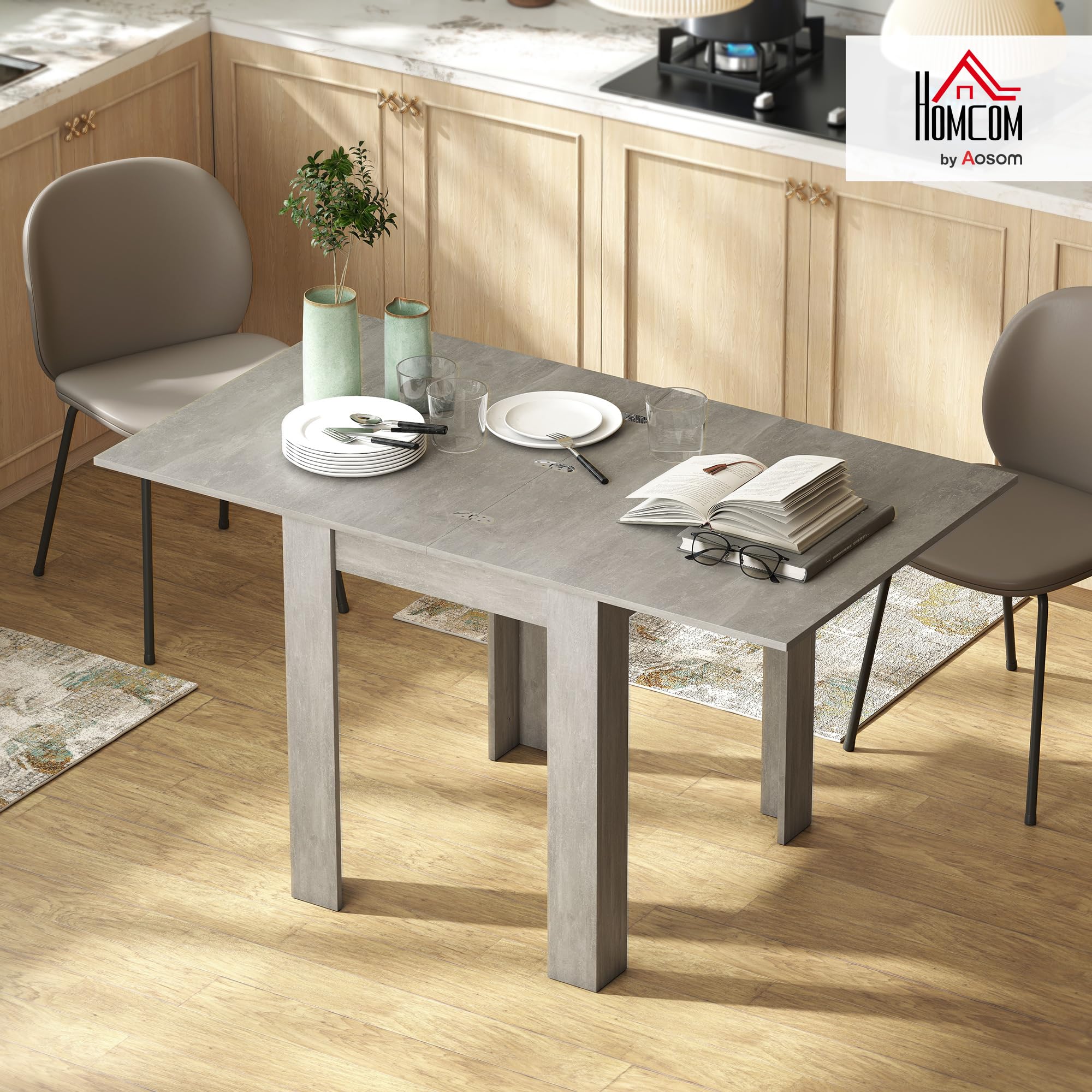 HOMCOM Tavolo da Pranzo Allungabile per 4-6 70-140cm Grigio Effetto Legno | Design Ribaltabile, Rettangolare Salvaspazio, Piedini Antiscivolo, Sala da Pranzo Soggiorno