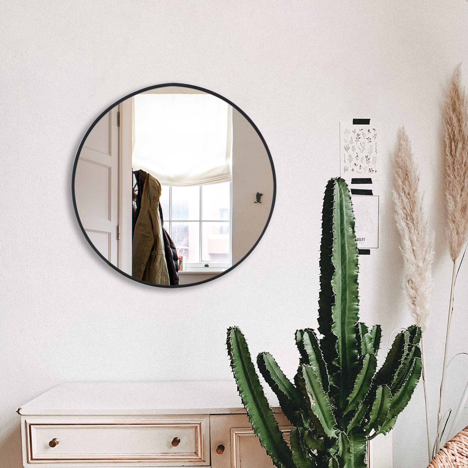 Black Bathroom Mirror for Wall, Large Round Mirror (24 inch) for Entryway, Bedroom, & Living Room. Metal Hanging Circle Mirror for Vanity, Wall Mouted Mirror (24'' - Black Framed Mirror)