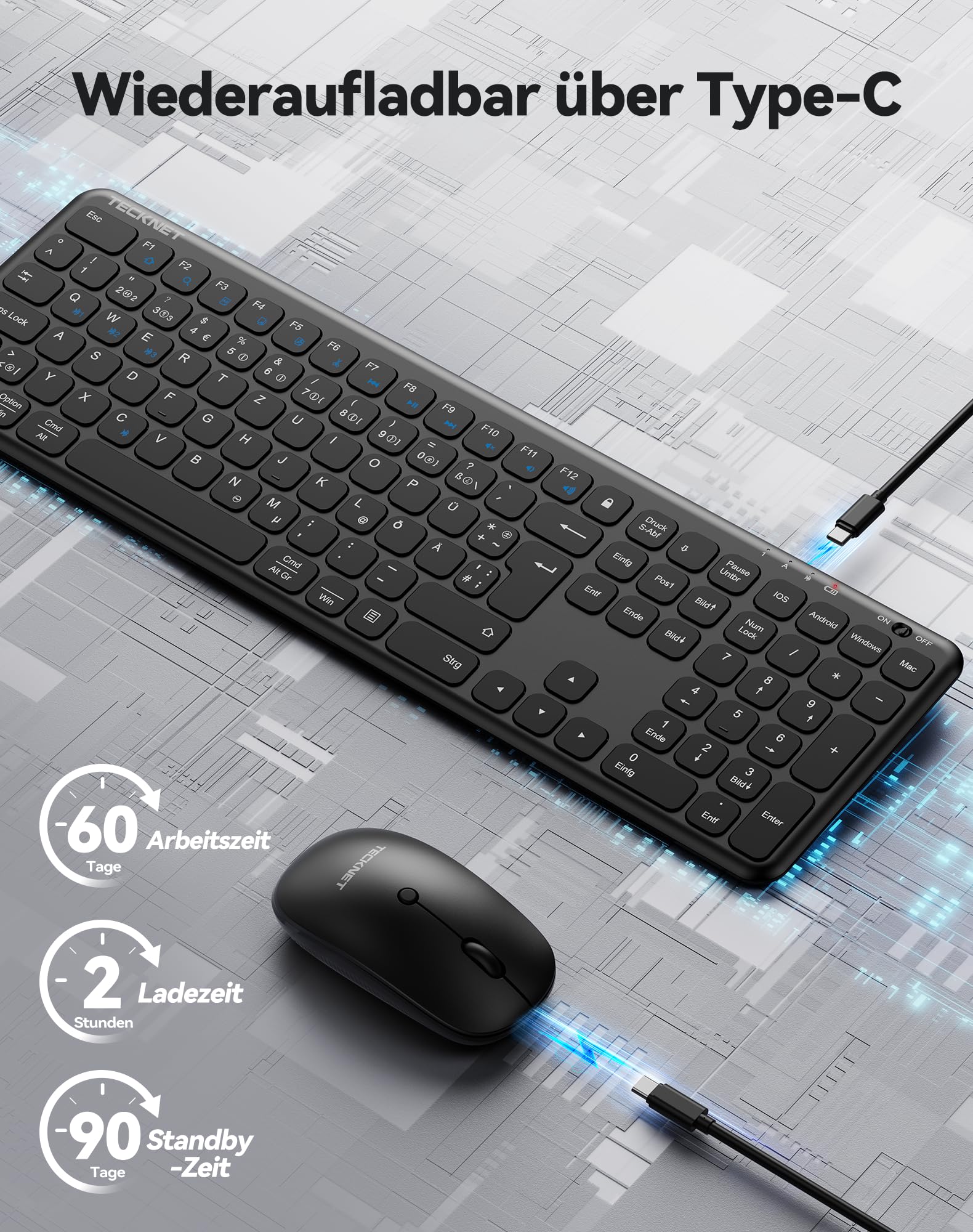 TECKNET Tastatur Maus Set Kabellos - Wiederaufladbare Ultradünne Bluetooth Tastatur mit Maus, Deutsches QWERTZ-Layout, 2.4 GHz Leise Funktastatur mit Maus für Mac, Windows, Laptop, PC