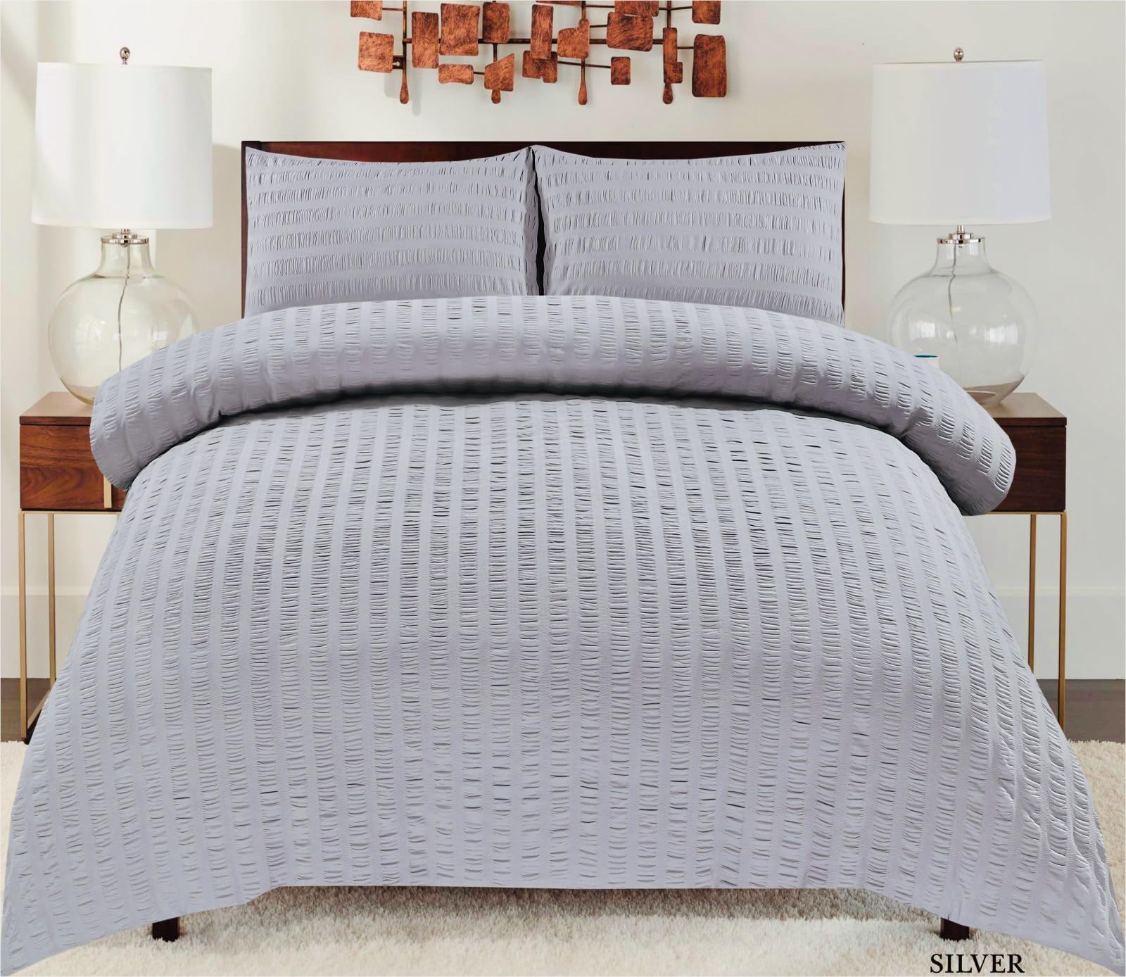 KD HOME EVERYTHING YOU NEED Seersucker Duvet Quilt Cover Set with Matching Pillowcases, Ultra Soft Cosy Polycotton Stripe Design, Easy Care & Machine Washable (Silver, King)