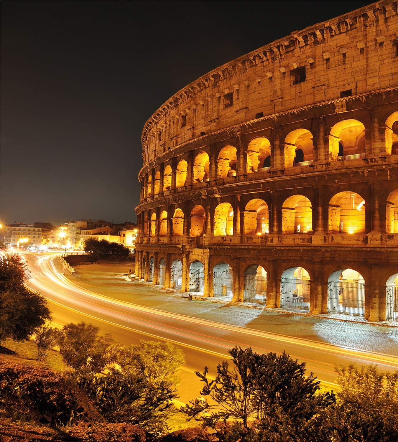 Ambesonne Italy Duvet Cover Set, Colosseum at Night Scenery Rome European City Heritage Monument Landscape, Decorative 3 Piece Bedding Set with 2 Pillow Shams, Queen Size, Amber Marigold Black