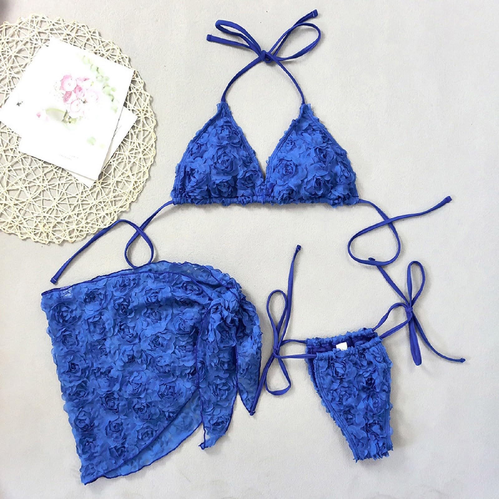 Costume da Bagno Donna 3 Pezzi Bikini Perizoma A Triangolo con Mini Copricostume Spiaggia Gonna A Fiori
