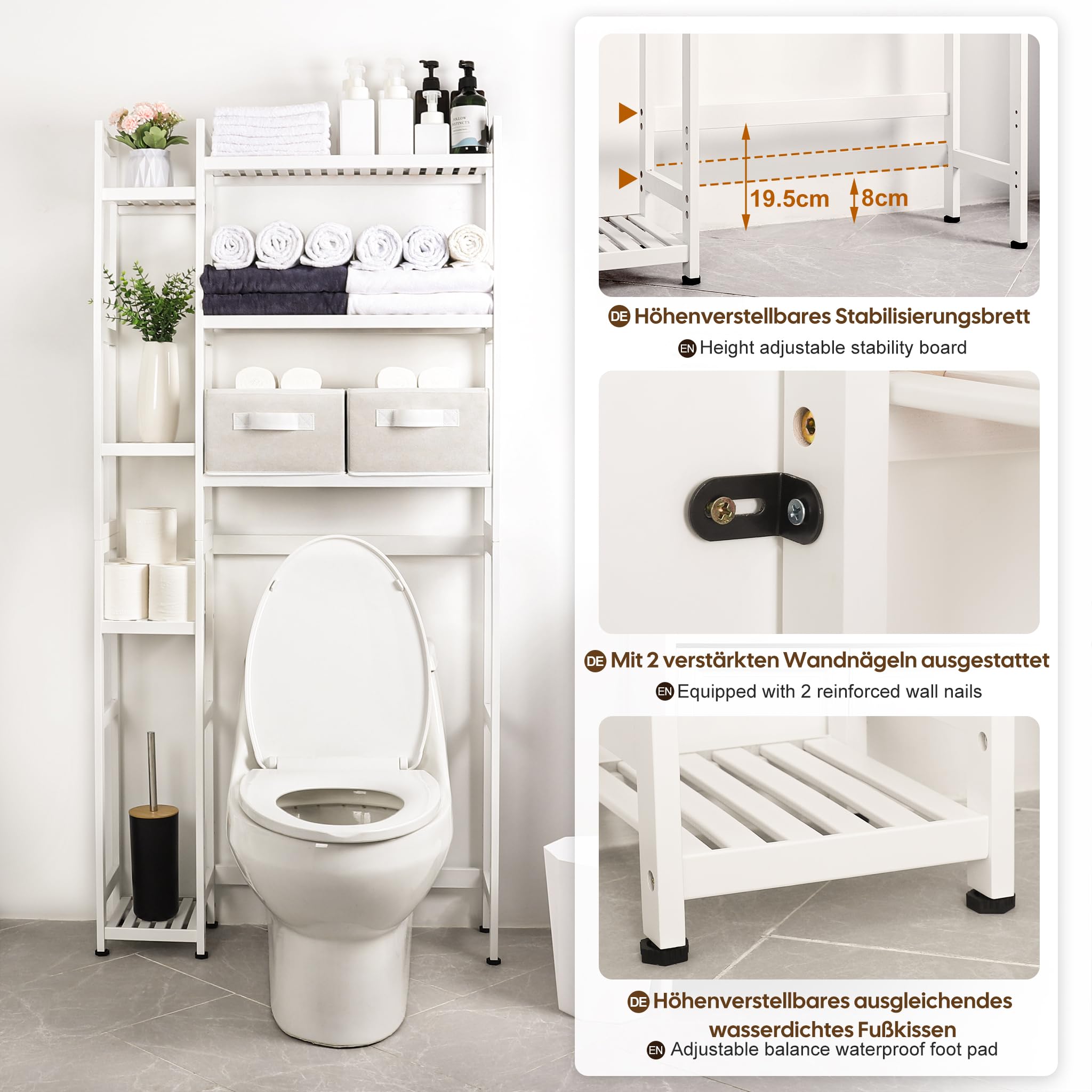 Yorbay Étagère WC en bambou : étagère de toilette à 3 étages et 2 paniers (blanc) | Réglable avec repose-pieds imperméable - Étagère de salle de bain multifonctionnelle - Peu encombrante - Montage facile