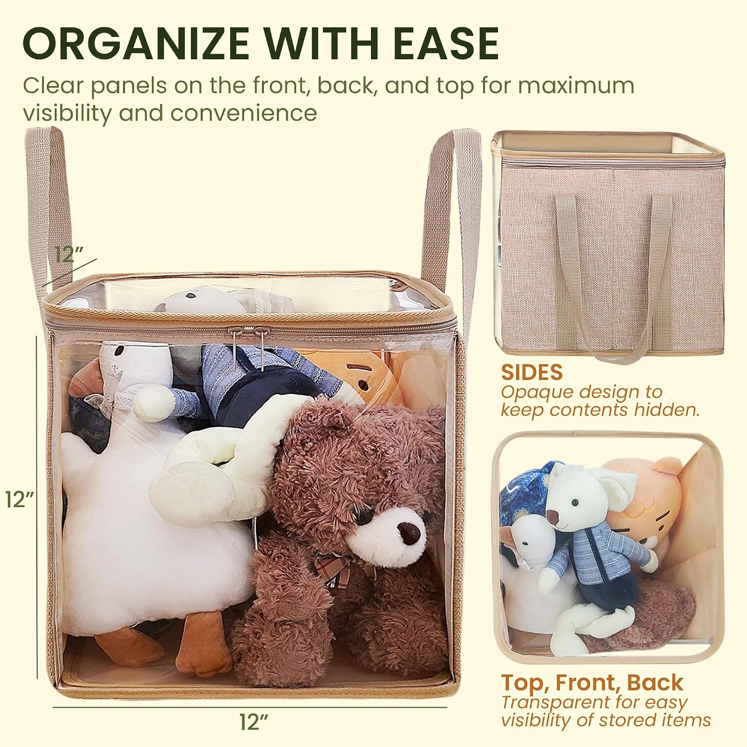 holay 2 Pack Foldable PVC Storage Bins with Transparent Lid & Handles, Large 12-Inch Cube Organizer Boxes for Clothes, Toys & Books (Brown, Large)